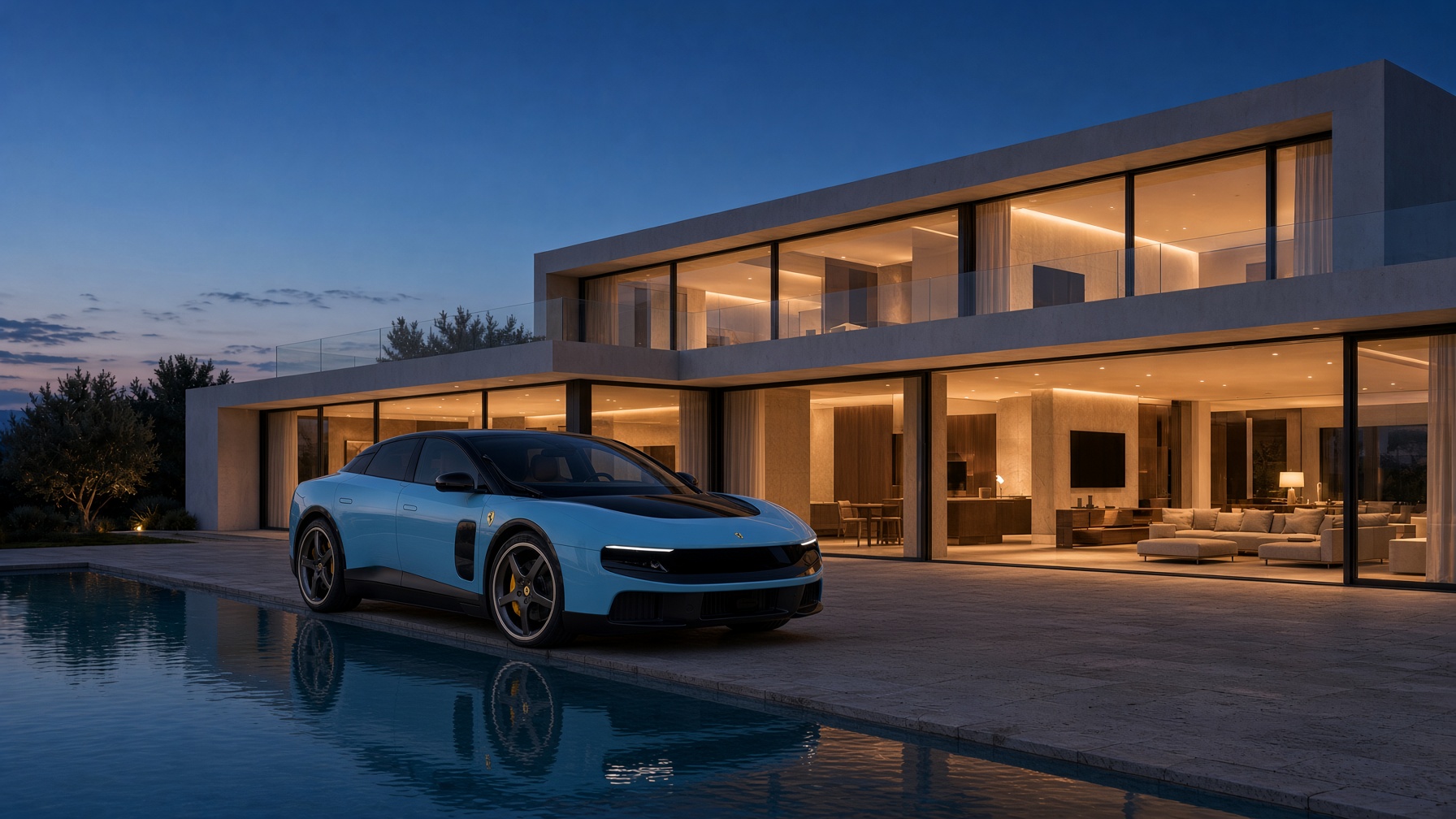 Villa en Costa del Sol al anochecer. Ferrari Luce. Visualización AIRVOLT.